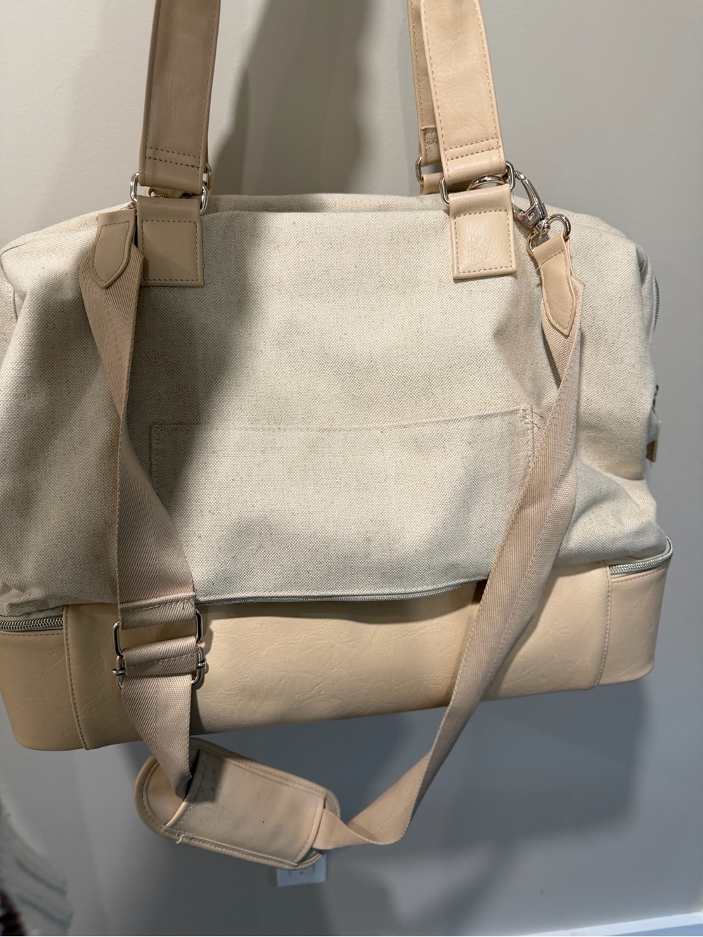 Beis Canvas and Leather Convertible Shoulder Bag in Cream